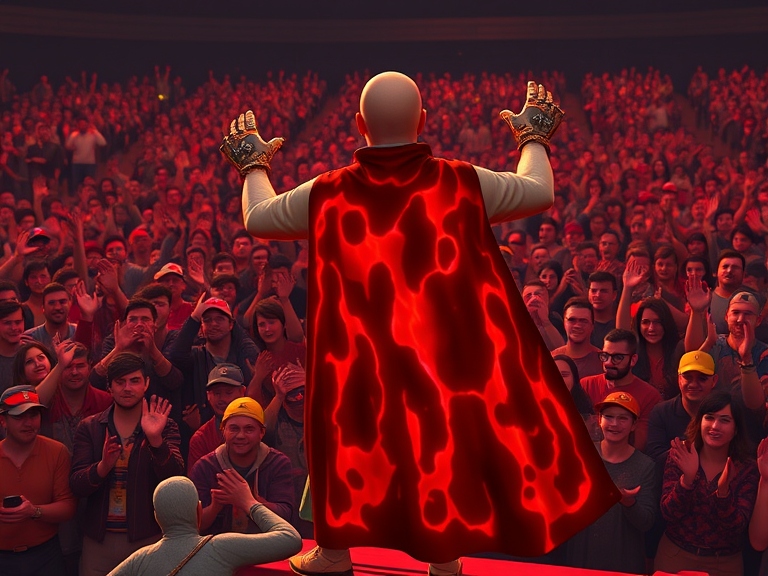 Large crowd standing in awe of a chad with an Infernal Cape